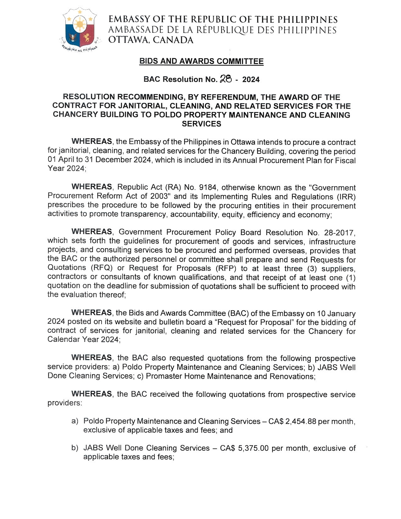 BAC RES 28 2024 Contract for Janitorial Cleaning and Related Services for the Chancery Building Poldo Property Maintenance and Cleaning Services 001