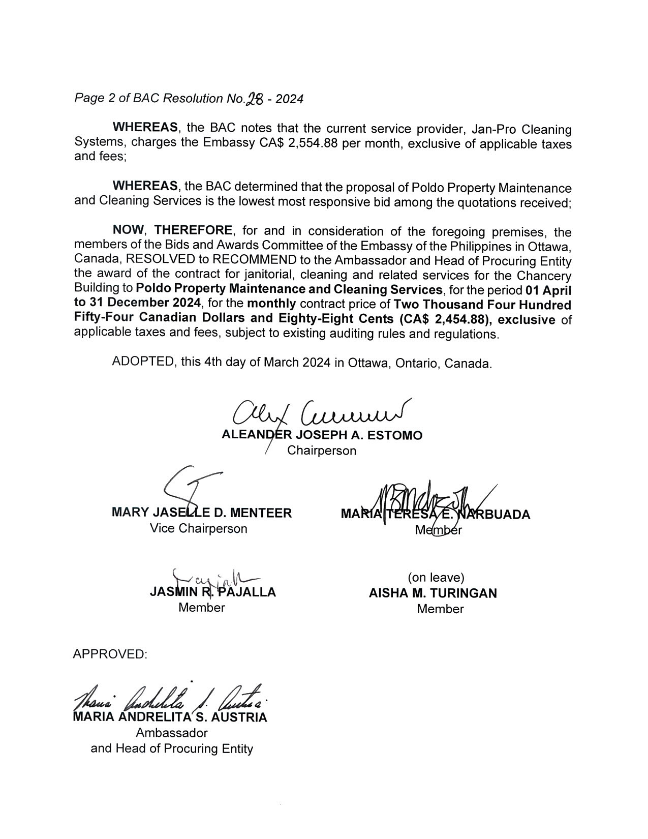 BAC RES 28 2024 Contract for Janitorial Cleaning and Related Services for the Chancery Building Poldo Property Maintenance and Cleaning Services 002