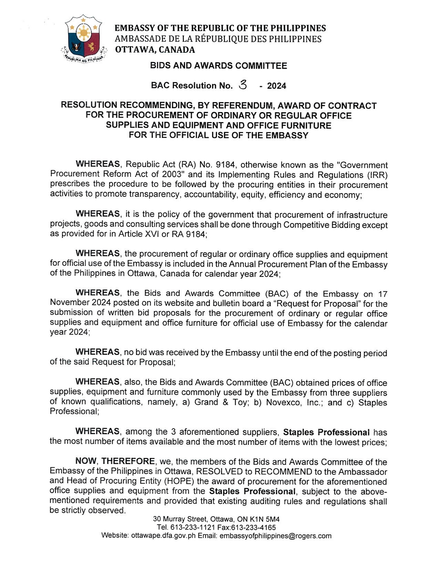 BAC RES 3 2024 Procurement of REgular office Supplies and Equipment and Office Furniture for the Embassy 001