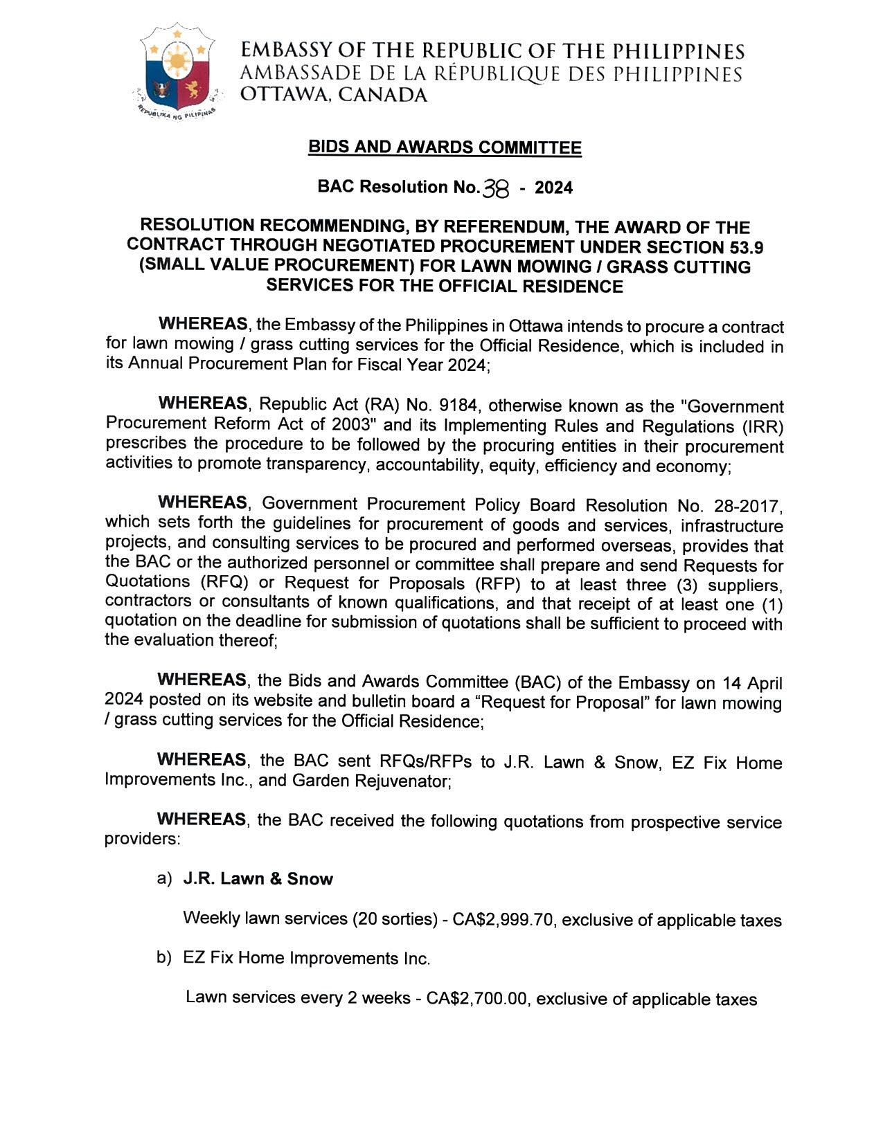 BAC RES 38 2024 Procurement for Lawn Mowing Grass Cutting Services for the Official Residence 001
