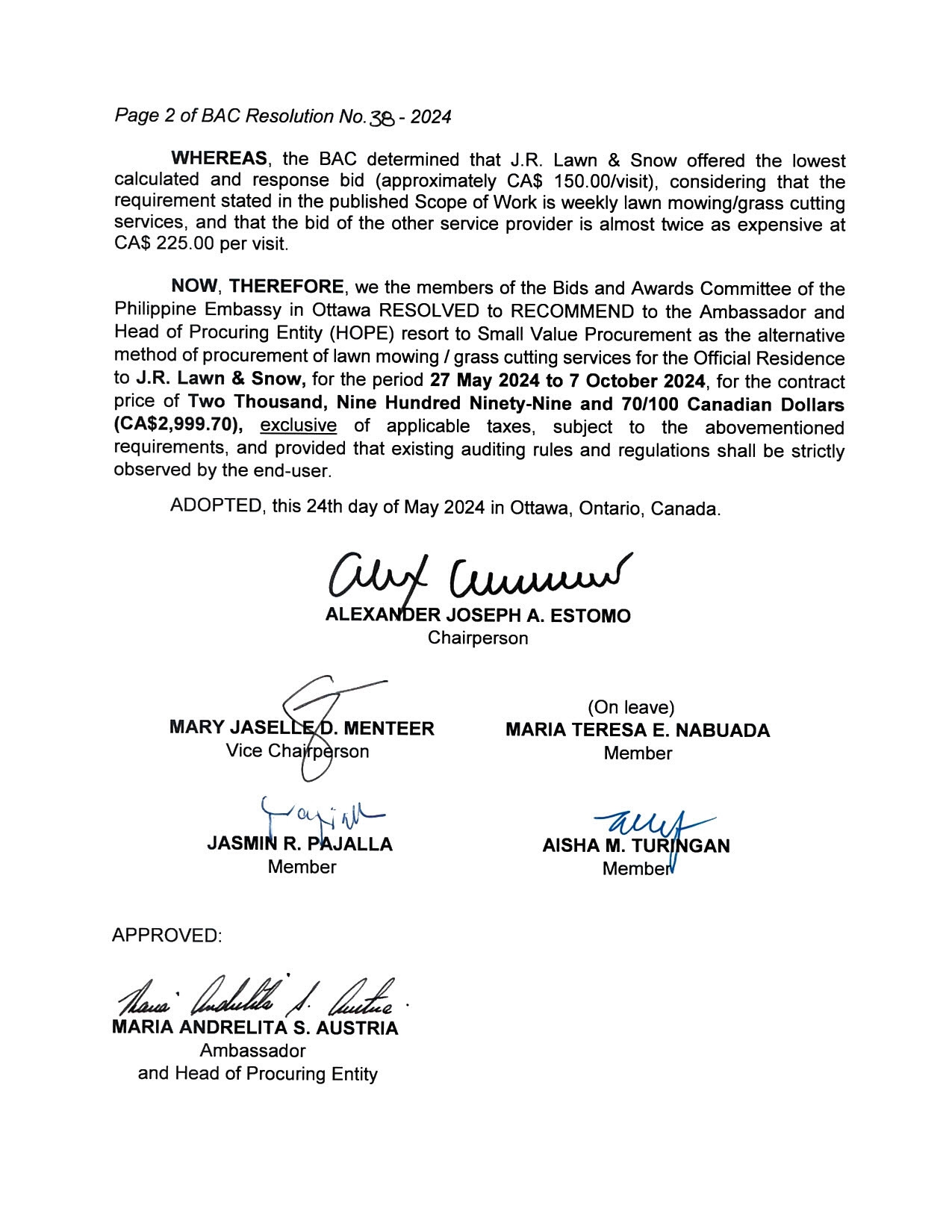 BAC RES 38 2024 Procurement for Lawn Mowing Grass Cutting Services for the Official Residence 002