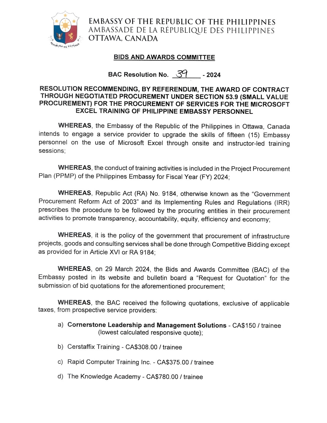 BAC RES 39 2024 Procurement of Services for the Microsoft Excel Training of Philippine embassy Personnel 001