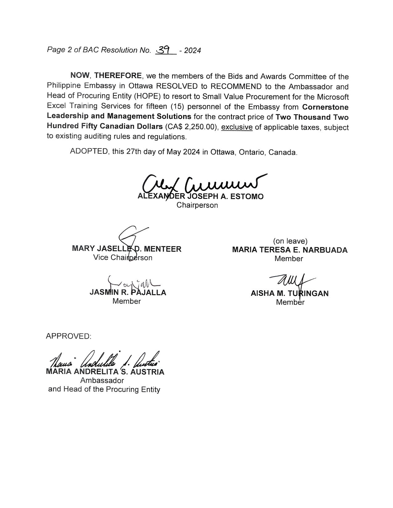 BAC RES 39 2024 Procurement of Services for the Microsoft Excel Training of Philippine embassy Personnel 002