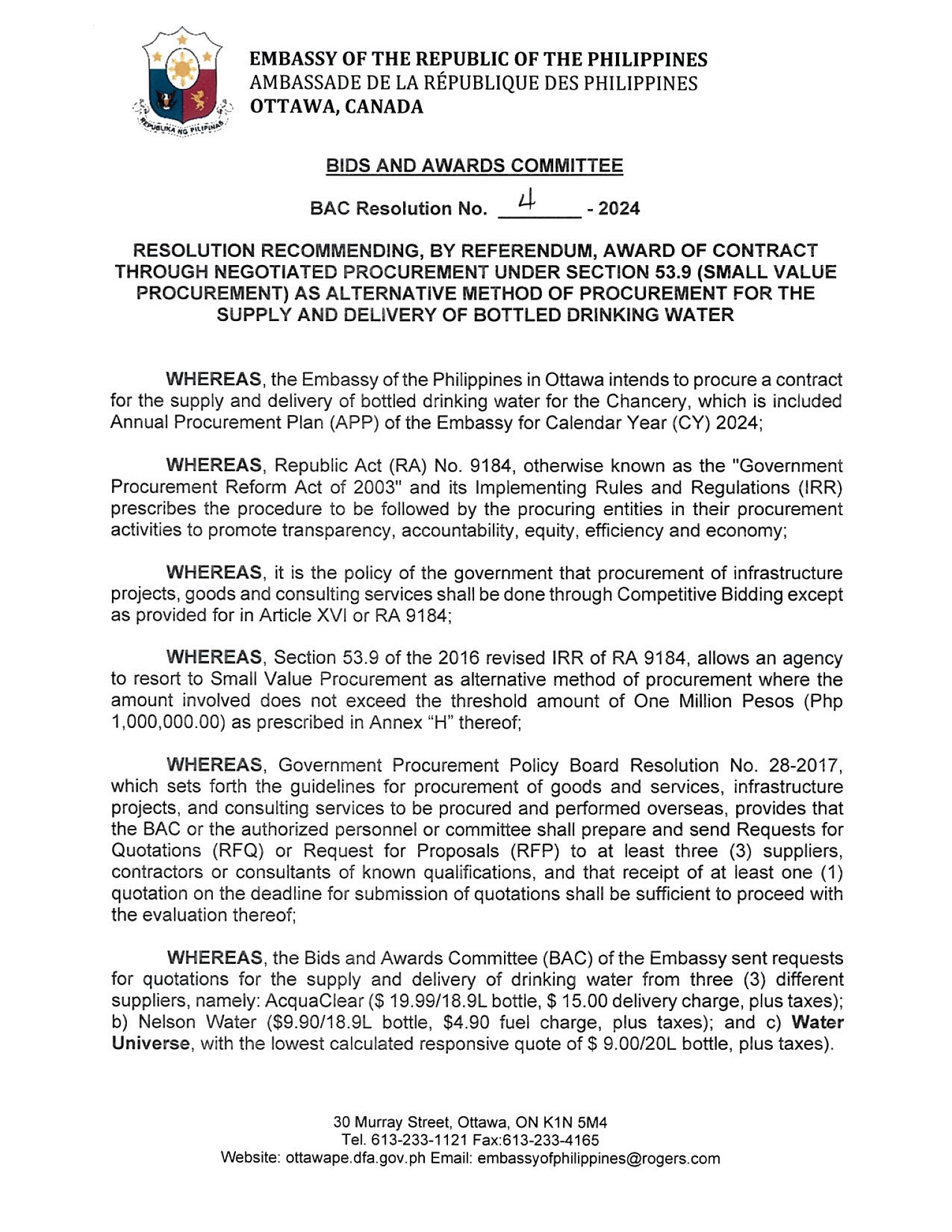 BAC RES 4 2024 Procurement for the Supply and Delivery of Bottled Drinking Water 001