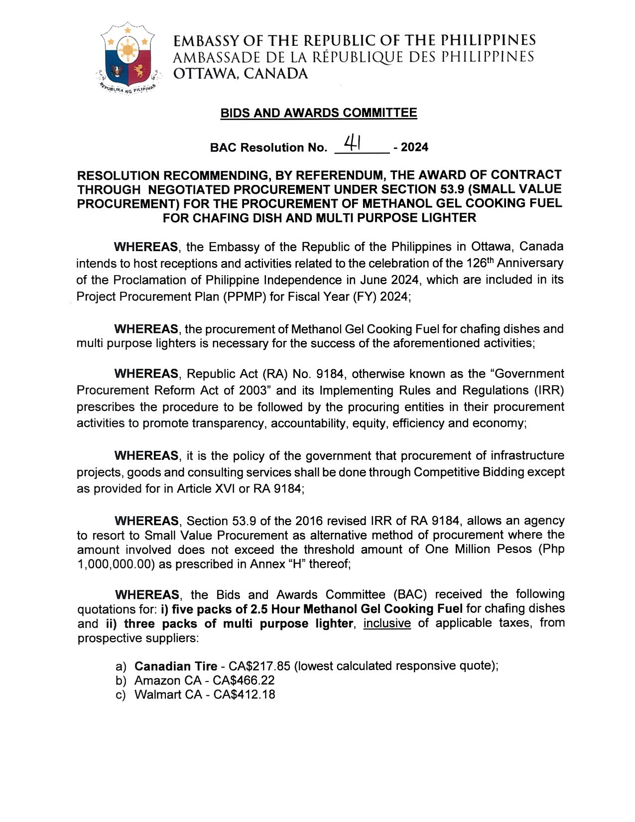 BAC RES 41 2024 Procurement of Methanol Gel Cooking Fuel for Chafing Dish and Multipurpose Lighter 001