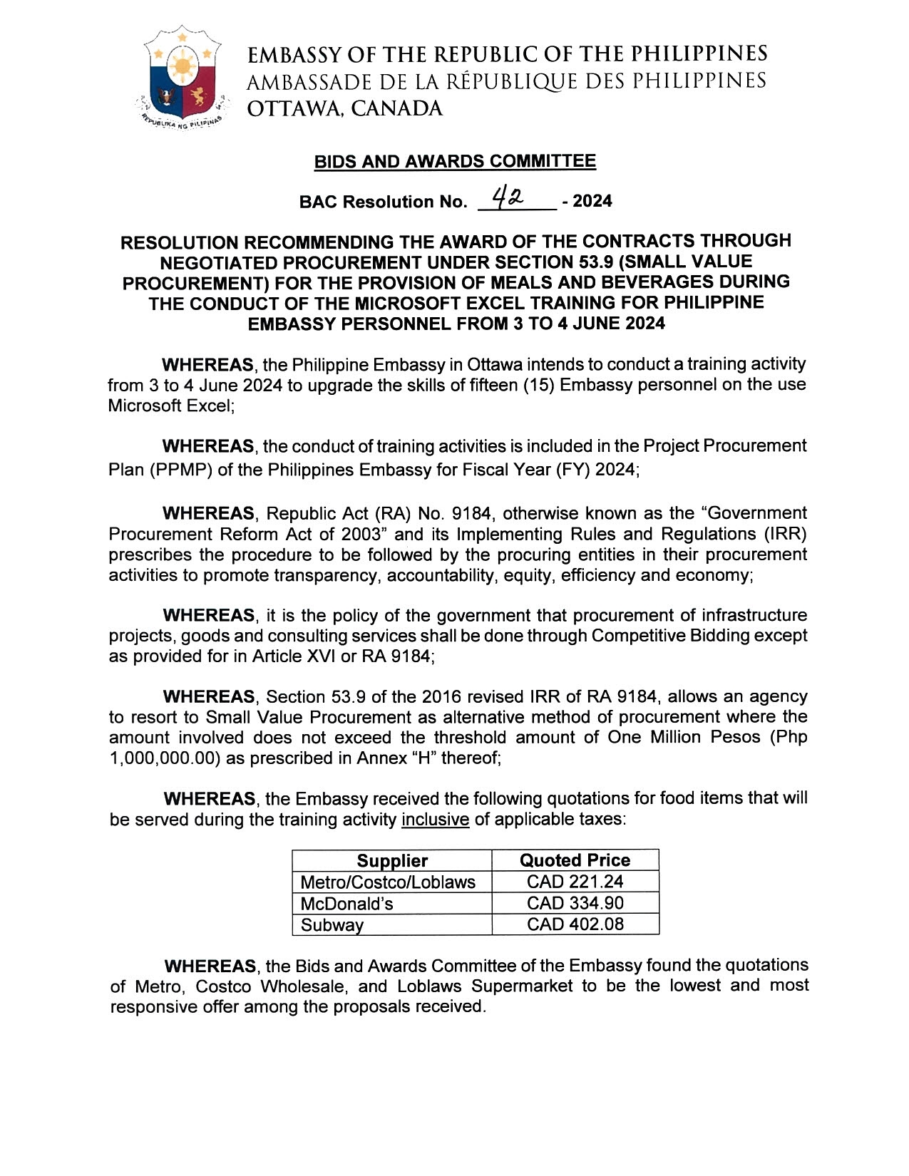 BAC RES 42 2024 Meals and Beverages for the Microsoft Excel Training of Philippine Embassy Personnel