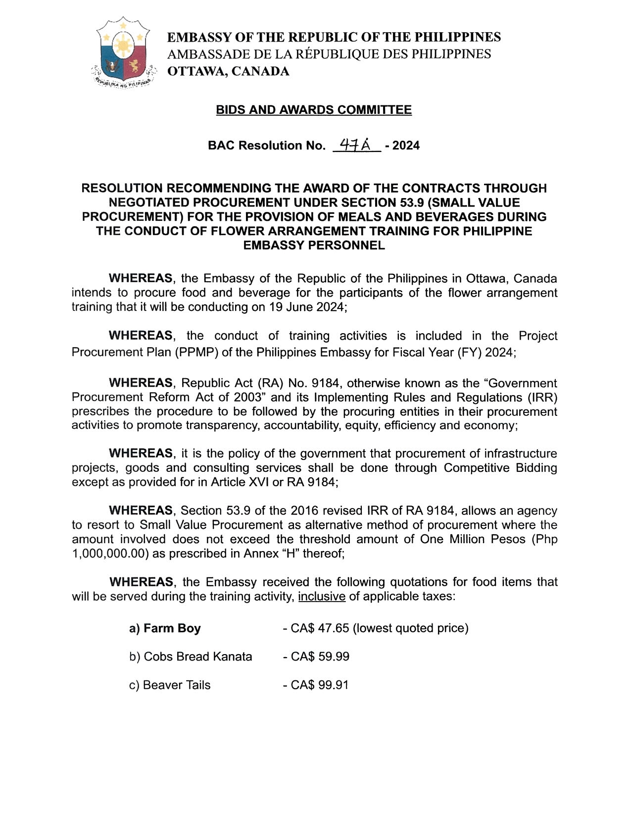 BAC RES 47A 2024 Flower Arranging Training Meals and Beverages of Philippine Embassy Personnel 022