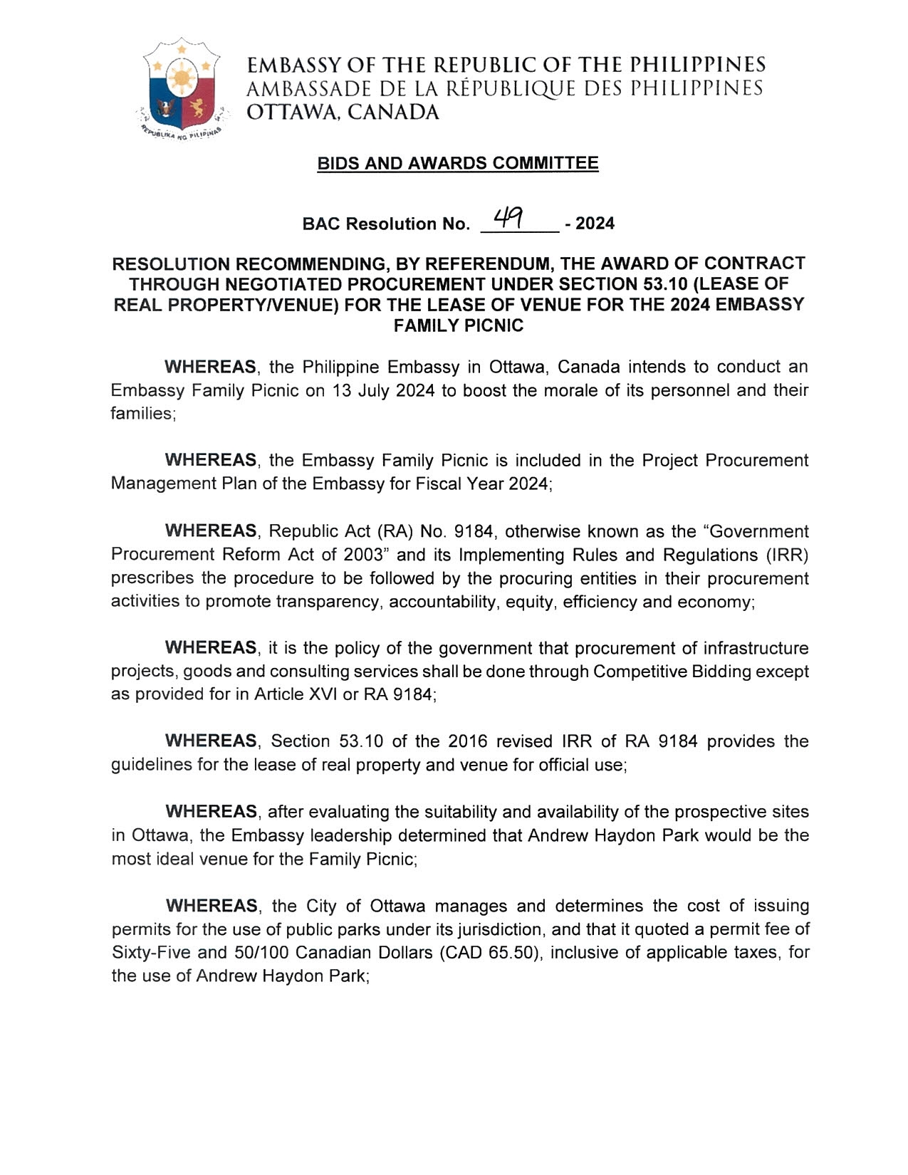 BAC RES 49 2024 Lease of Venue for the 2024 Embassy Family Picnic 001