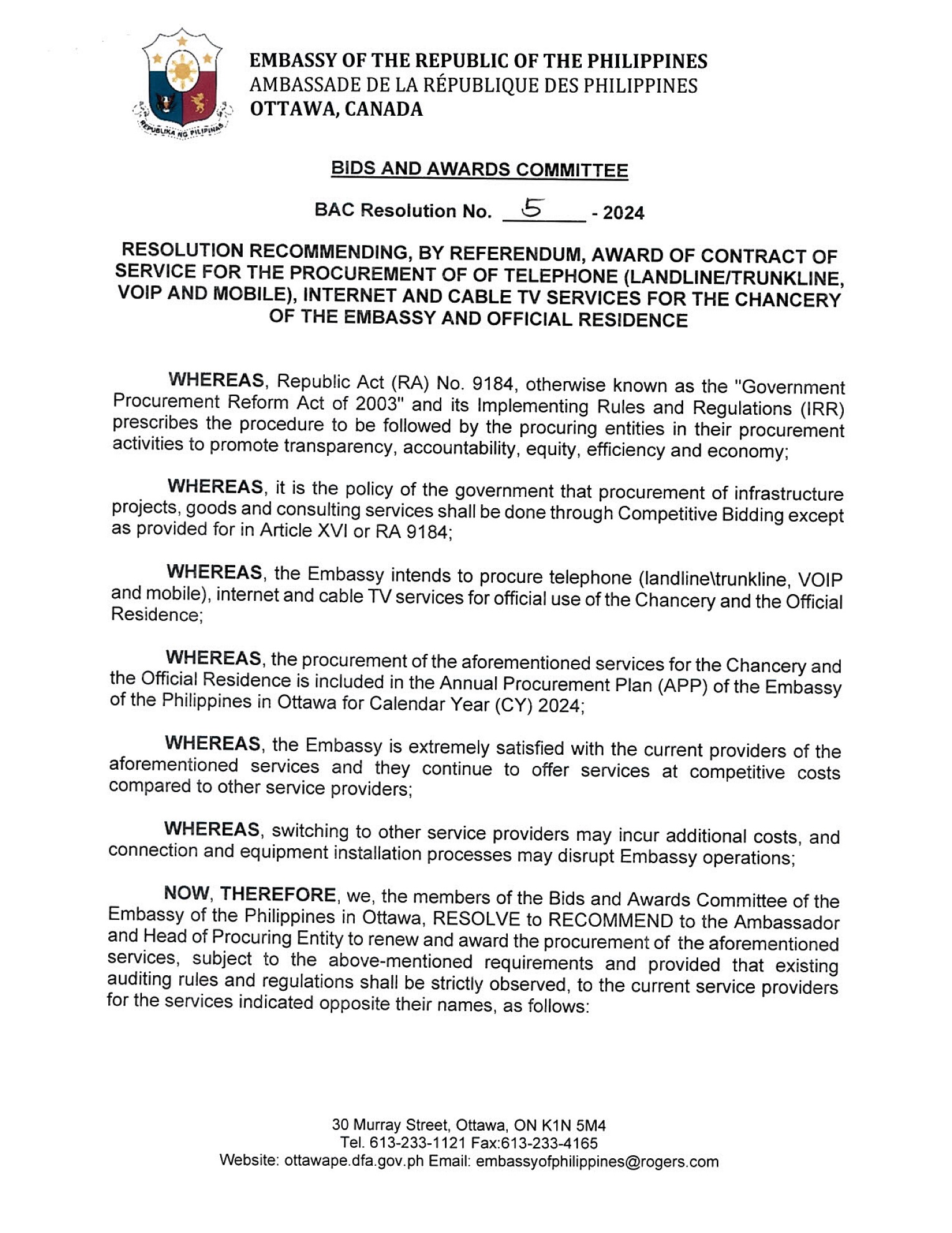 BAC RES 5 2024 Procurement of Telephone and Cable TV Services forthe Chancery of the Embassy and Official Residence 001