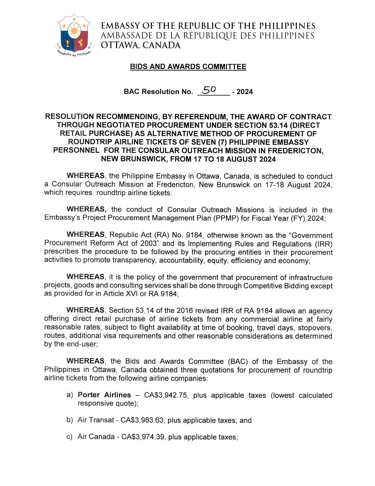 BAC RES 50 2024 Procurement of Airline Tickets for the Consular Outreach Mission in New Brunswick 17 18 August 2024 001