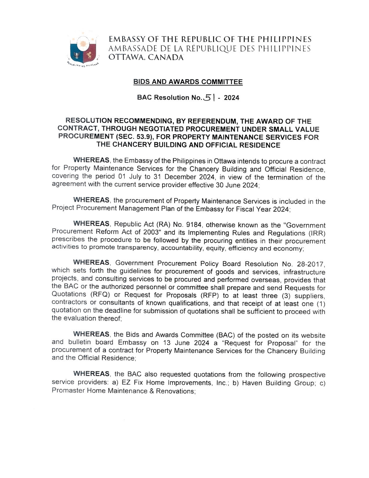 BAC RES 51 2024 Property Maintenance Services for the Chancery Building and Official Residence 001