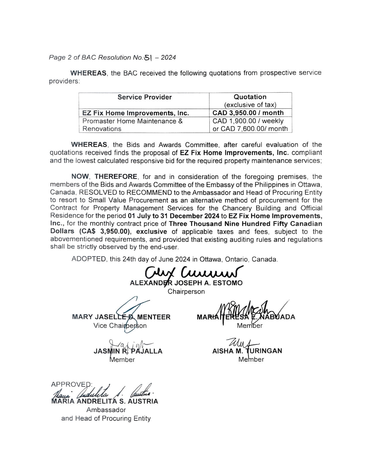 BAC RES 51 2024 Property Maintenance Services for the Chancery Building and Official Residence 002