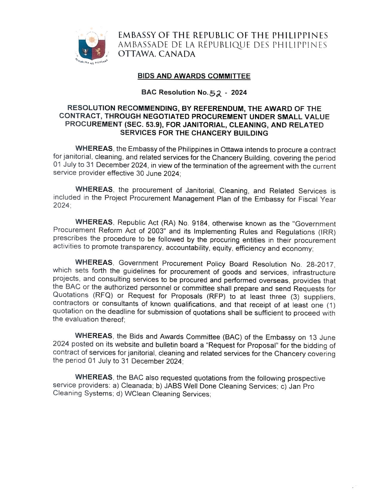 BAC RES 52 2024 Janitorial Cleaning and Related Services for the Chancery Building 001