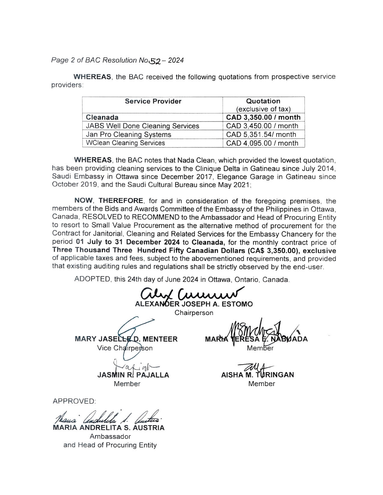 BAC RES 52 2024 Janitorial Cleaning and Related Services for the Chancery Building 002