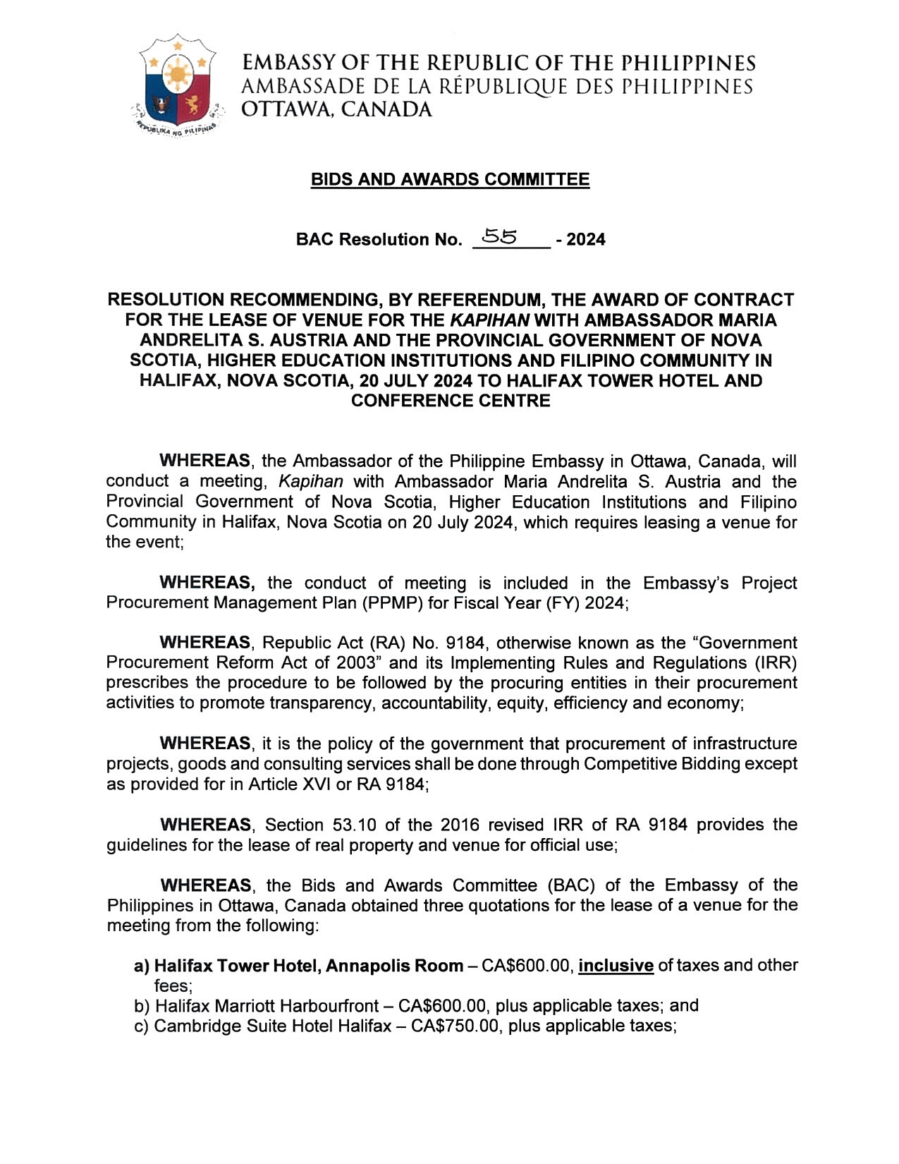BAC RES 55 2024 Lease of Venue for Kapihan with Ambassador Maria Andrelita S. Austria in Halifax 20 July 2024 001