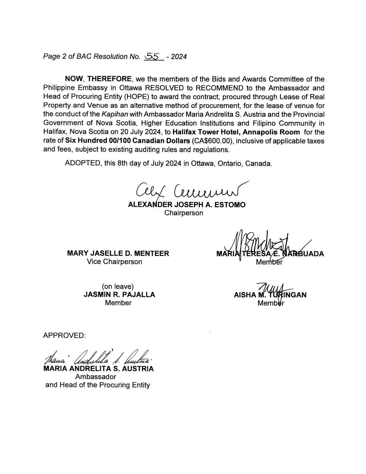 BAC RES 55 2024 Lease of Venue for Kapihan with Ambassador Maria Andrelita S. Austria in Halifax 20 July 2024 002