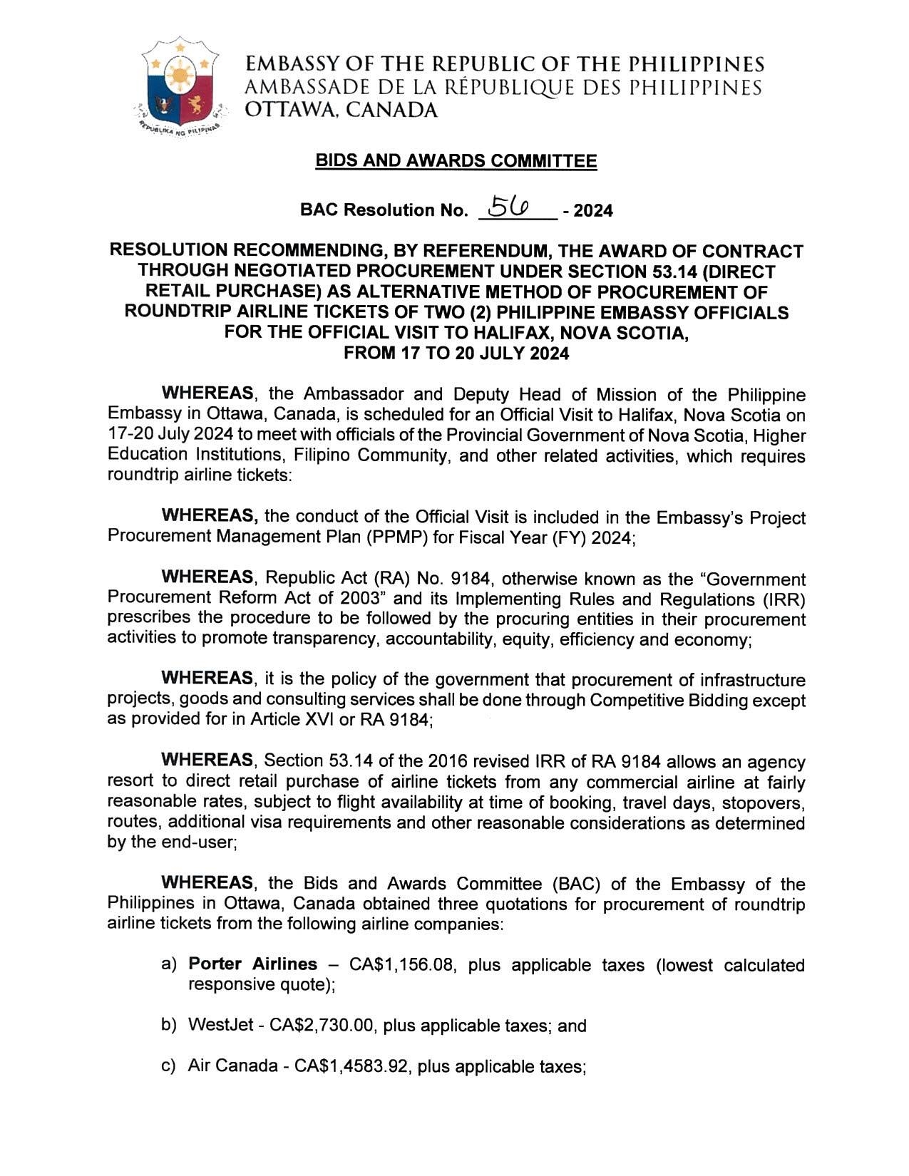BAC RES 56 2024 Procurement of Roundtrip Airline Tickets of Two 2 Philippine Embassy Officials Halifax Nova Scotia 17 to 20 July 2024 opt 001