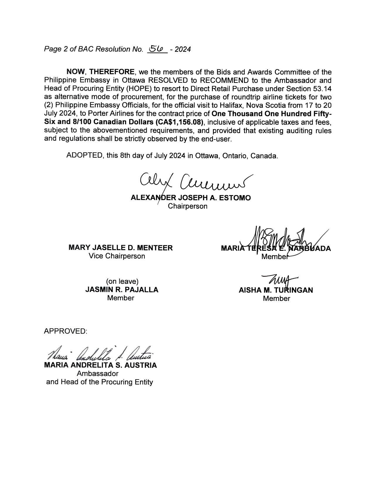 BAC RES 56 2024 Procurement of Roundtrip Airline Tickets of Two 2 Philippine Embassy Officials Halifax Nova Scotia 17 to 20 July 2024 opt 002
