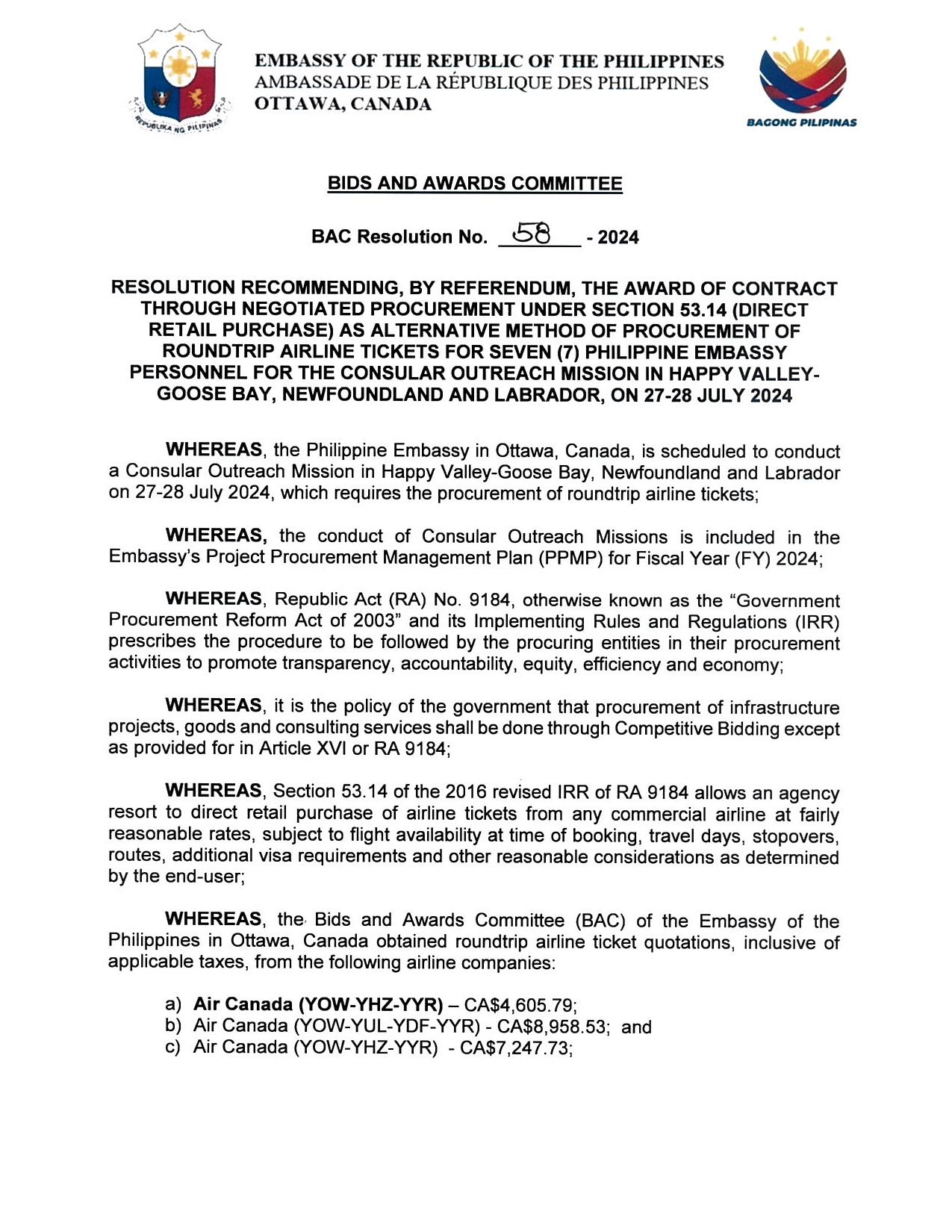 BAC RES 58 2024 Procurement of Roundtrip Airline Tickets for Consular Mission in Happy Valley Goose Bay Newfoundland and Labrador 27 28 July 2024 001
