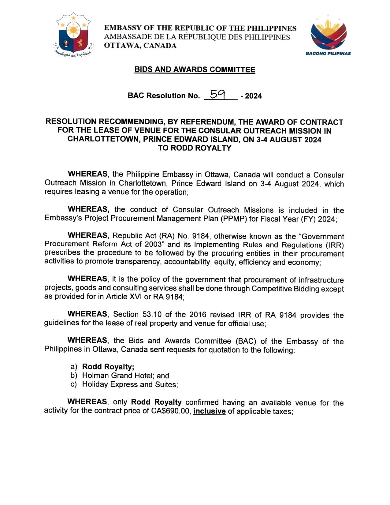 BAC RES 59 2024 Lease of Venue for Consular Outreach Mission in Charlottetown Prince Edward Island 3 4 August 2024 001
