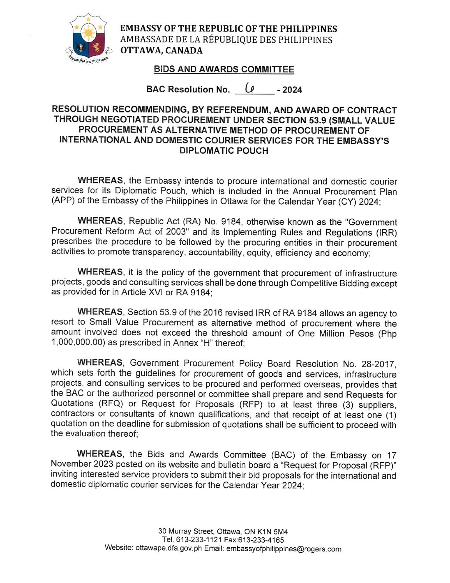 BAC RES 6 2024 Procurement of International and Domestic Courier Services for the Embassy Diplomatic Pouch 001