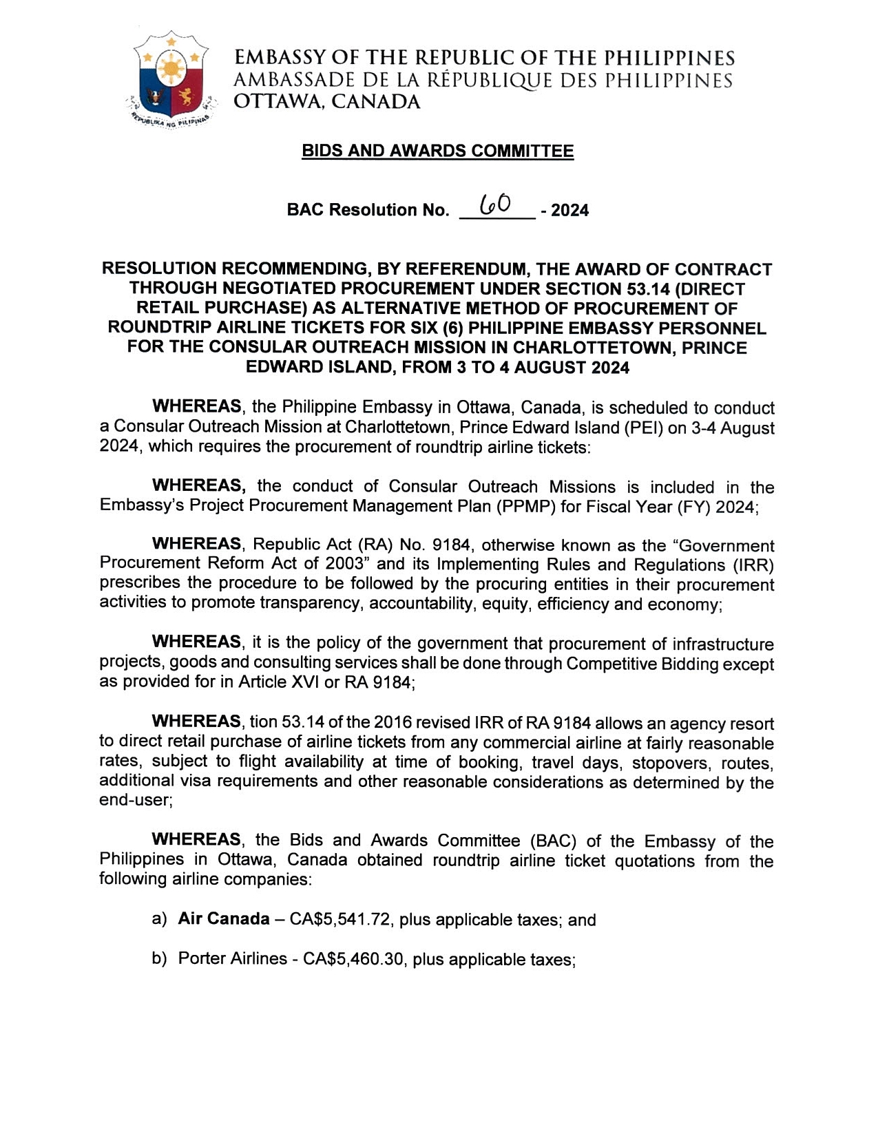 BAC RES 60 2024 Procurement of Roundtrip Airline Tickets for Consular Outreach Mission in Charlottetown PEI 3 4 August 2024 001