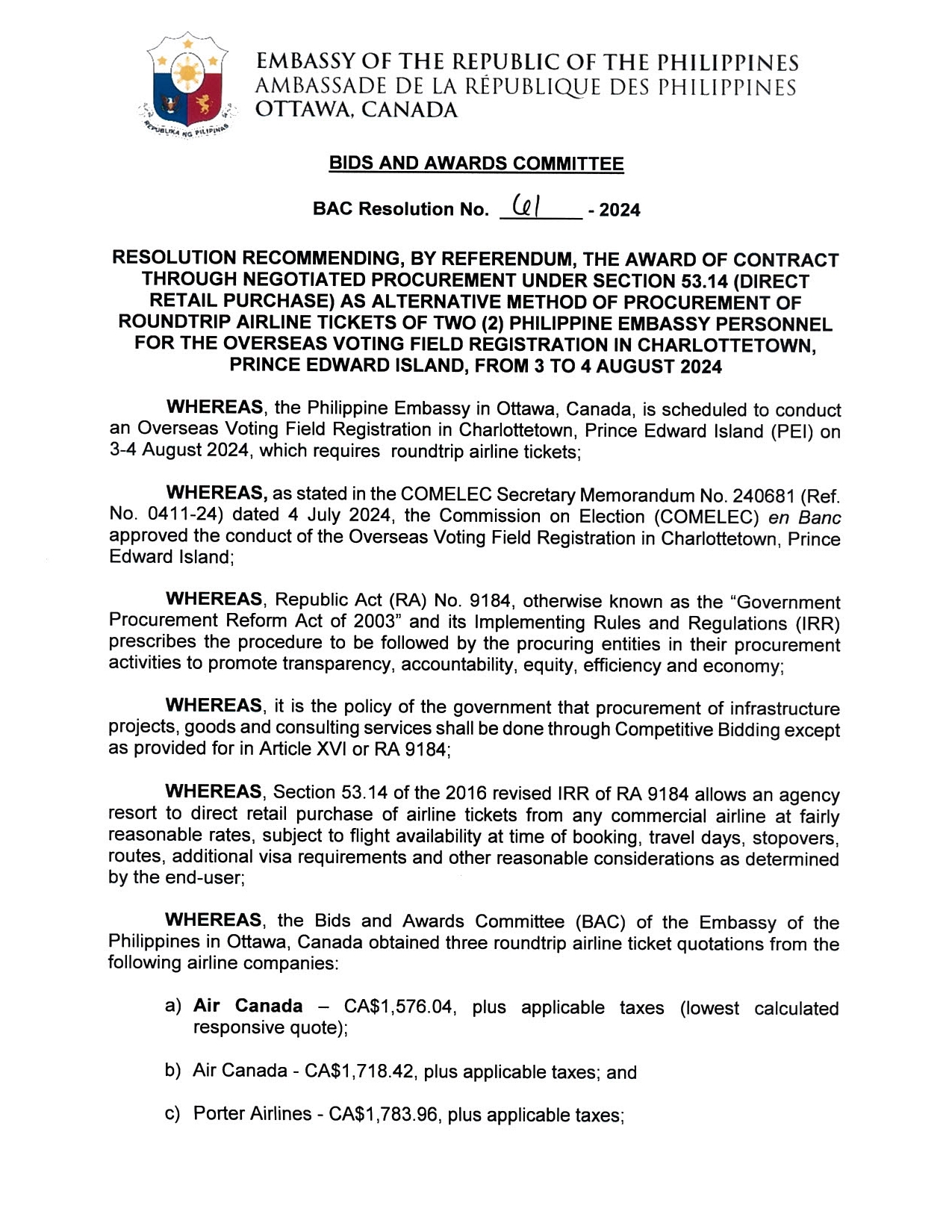BAC RES 61 2024 Procurement of Roundtrip Airline Tickets for Overseas Voting Field Registration in Charlottetwon PEI 3 4 August 2024 001