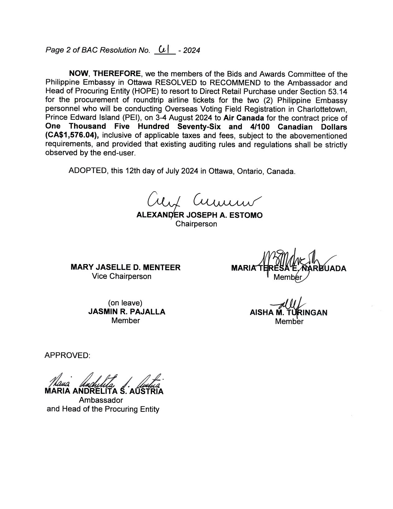 BAC RES 61 2024 Procurement of Roundtrip Airline Tickets for Overseas Voting Field Registration in Charlottetwon PEI 3 4 August 2024 002