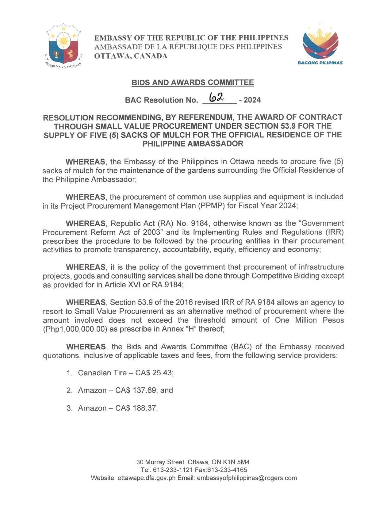 BAC RES 62 2024 Procurement of Five 5 Sacks of Mulch for the Official Residence of the Philippine Ambassador 001