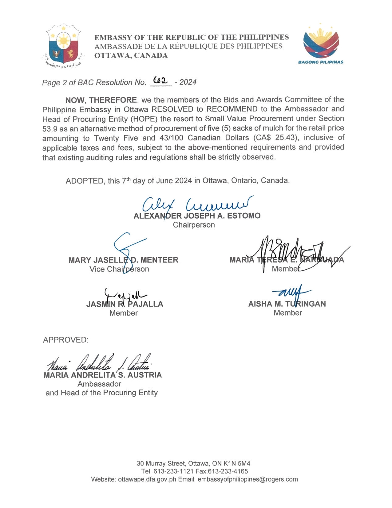 BAC RES 62 2024 Procurement of Five 5 Sacks of Mulch for the Official Residence of the Philippine Ambassador 002