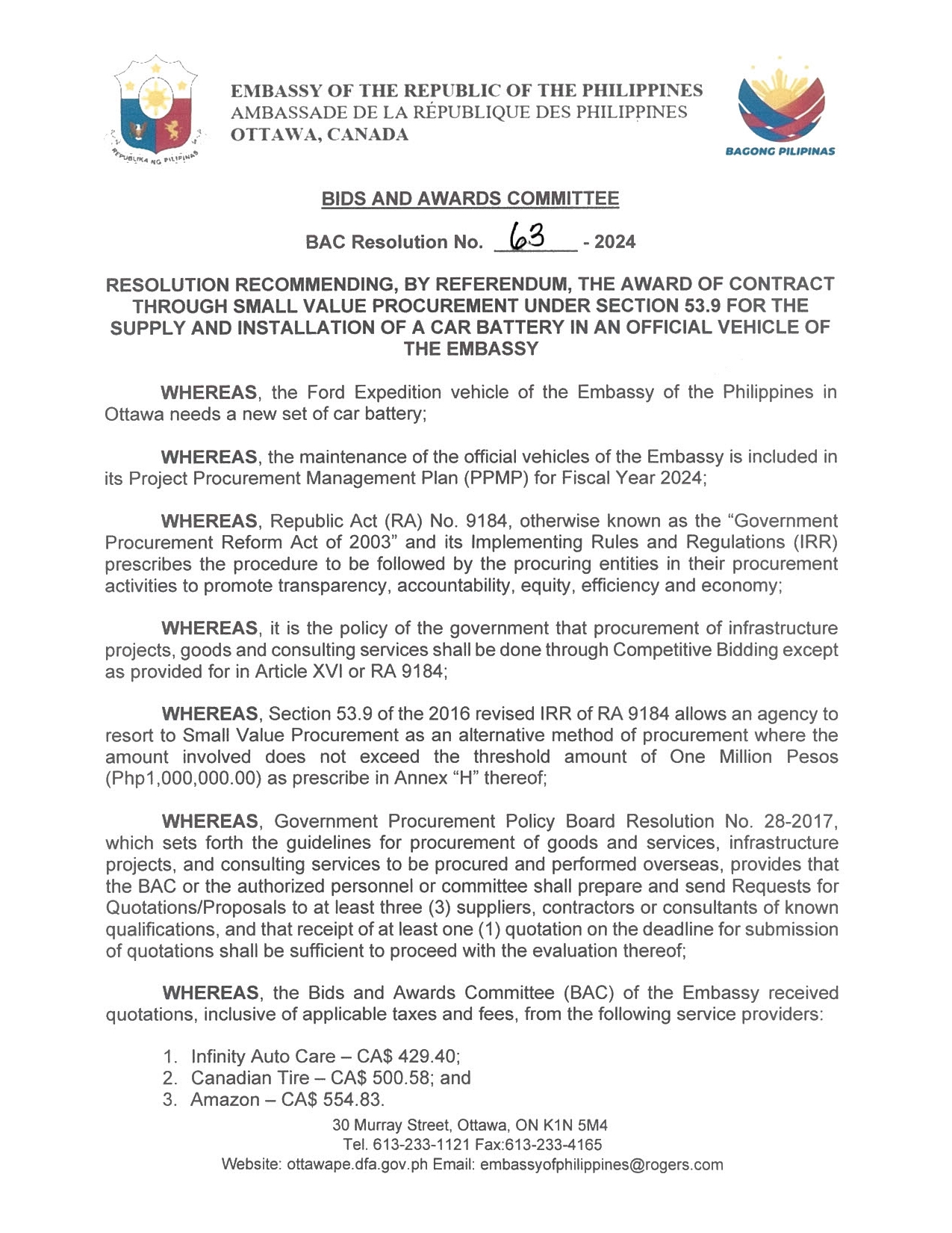 BAC RES 63 2024 Procurement for the Supply and Installation of a Car Battery in an Official Vehicle of Embassy 001