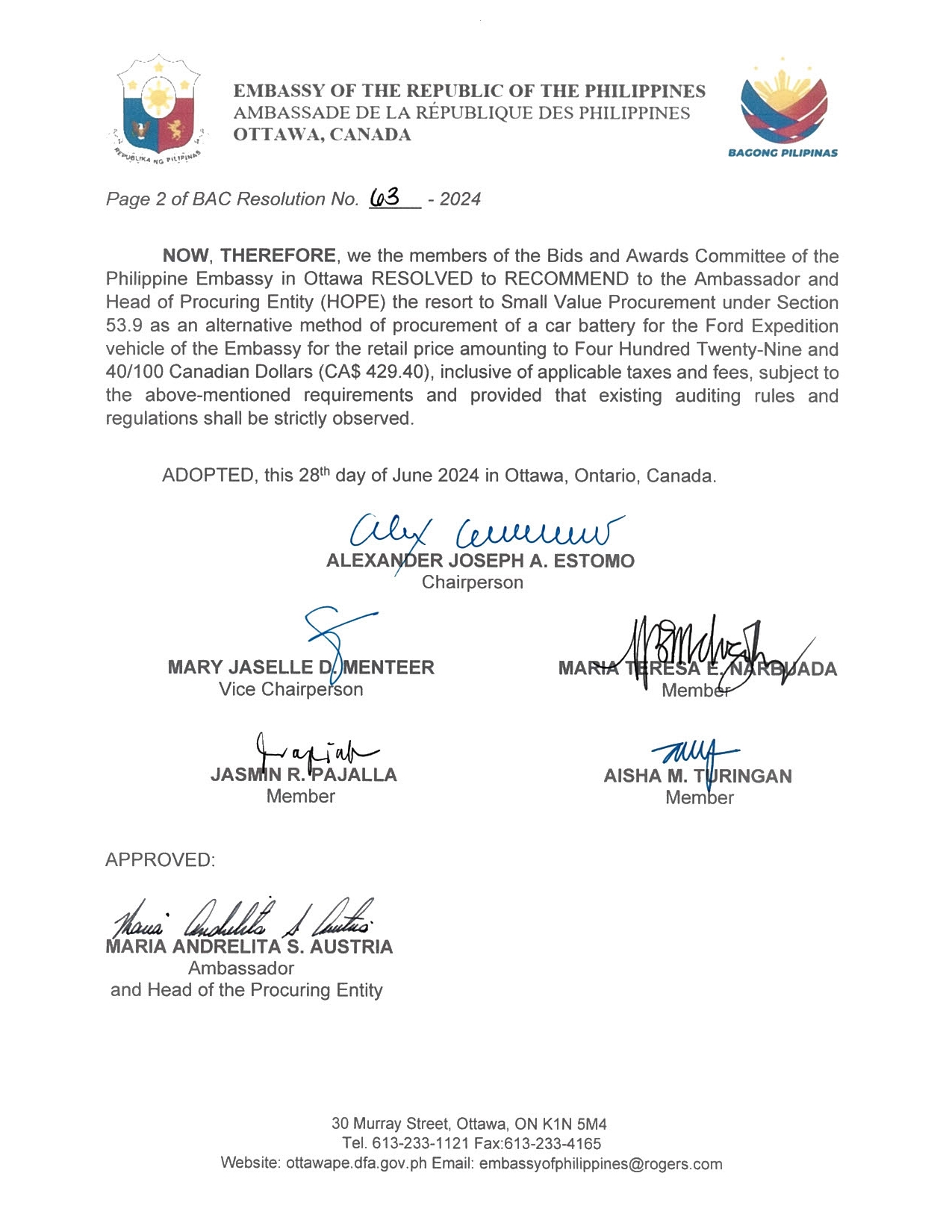 BAC RES 63 2024 Procurement for the Supply and Installation of a Car Battery in an Official Vehicle of Embassy 002