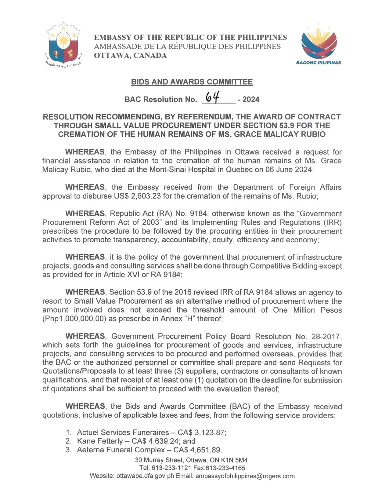 BAC RES 64 2024 Procurement for the Cremation of the Human Remains of Ms. Grace Malicay Rubio 001