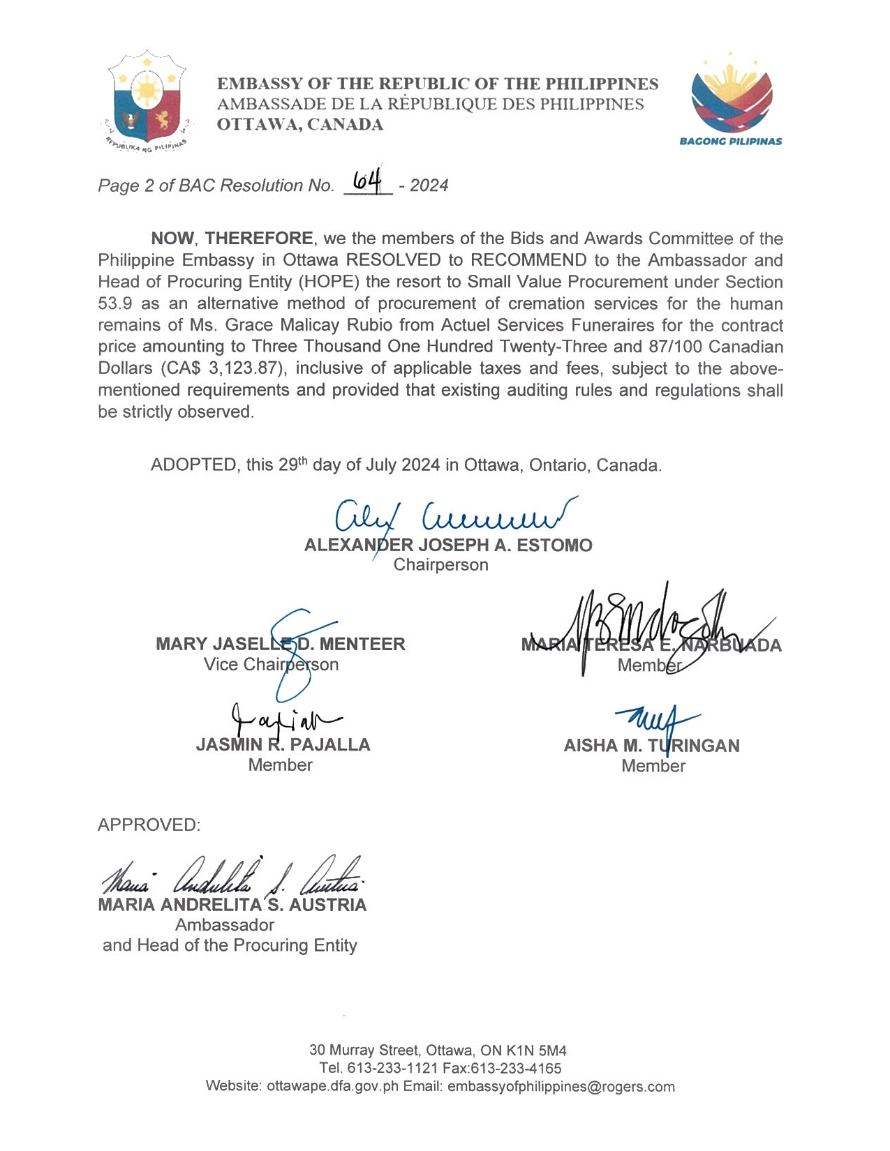 BAC RES 64 2024 Procurement for the Cremation of the Human Remains of Ms. Grace Malicay Rubio 002