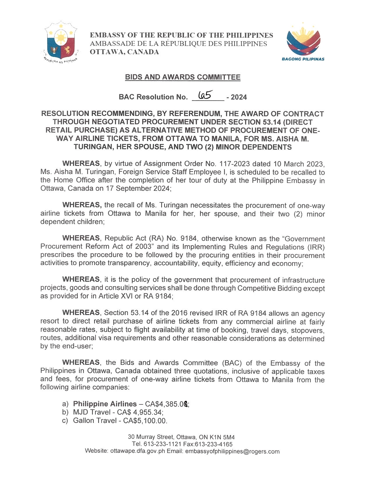 BAC RES 65 2024 Procurement of One Way Airline Tickets from Ottawa to Manila for Ms. Aisha M. Turingan Her Spouse and two 2 Minor Dependents 001