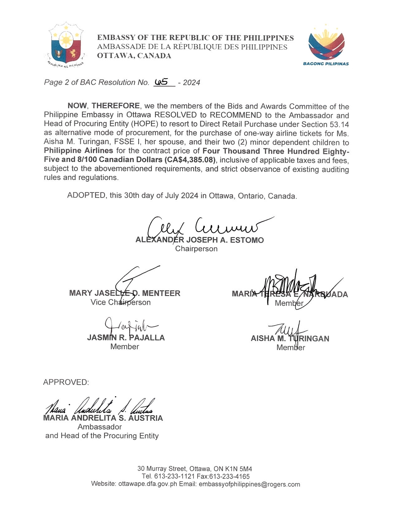 BAC RES 65 2024 Procurement of One Way Airline Tickets from Ottawa to Manila for Ms. Aisha M. Turingan Her Spouse and two 2 Minor Dependents 002