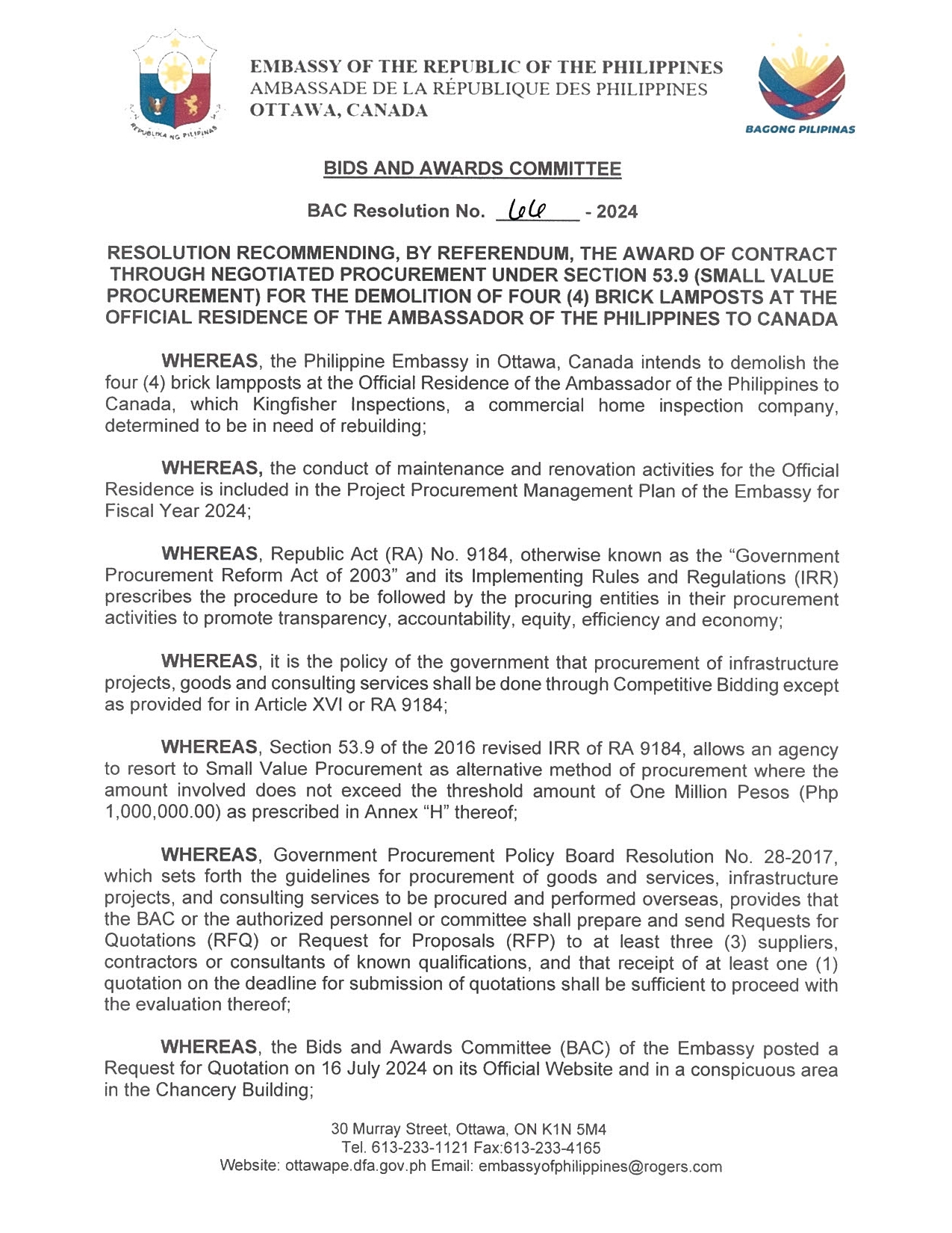 BAC RES 66 2024 Procuremnet for the Demolition of Four 4 Brick Lamposts at the Official Residence of the Ambassador fo the Philippines to Canada 001