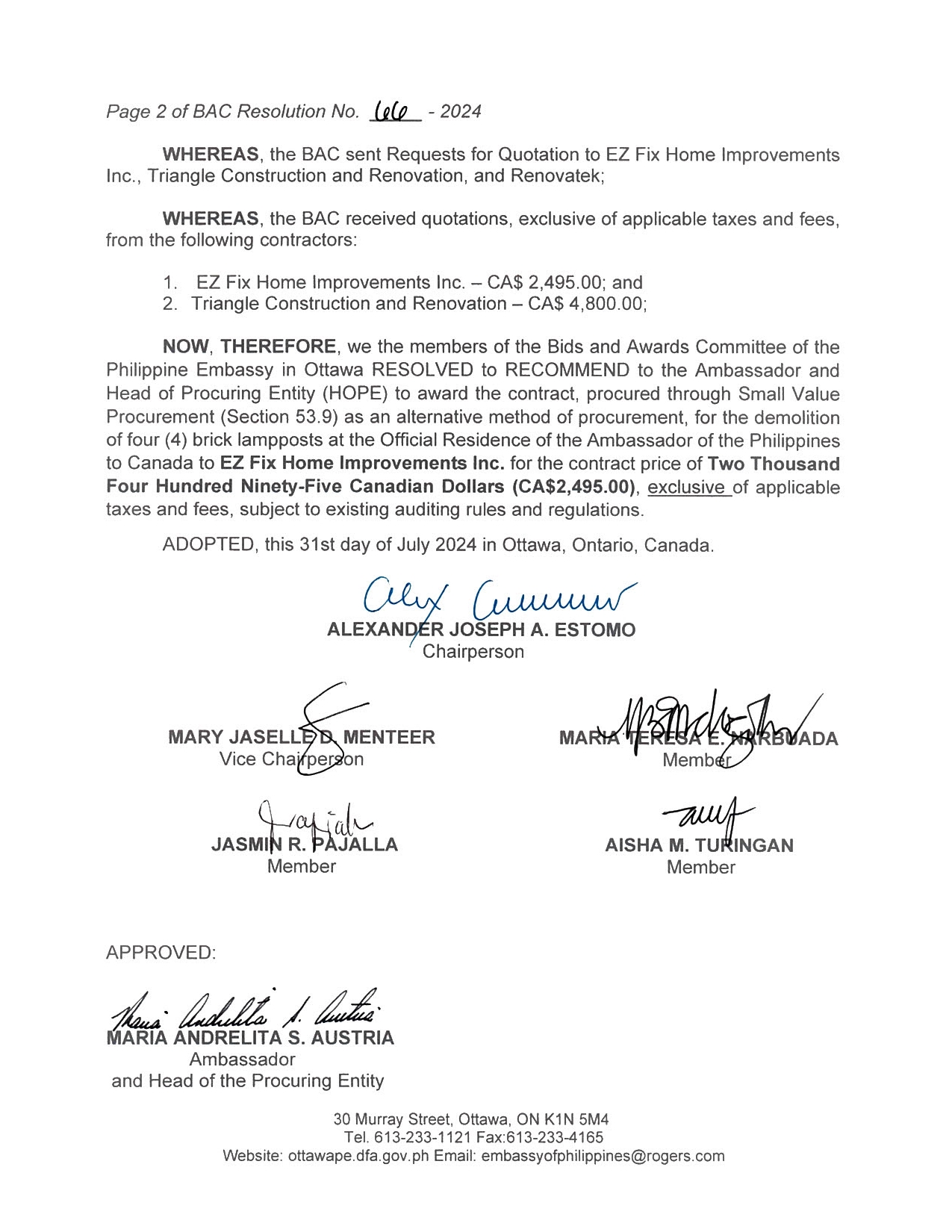 BAC RES 66 2024 Procuremnet for the Demolition of Four 4 Brick Lamposts at the Official Residence of the Ambassador fo the Philippines to Canada 002