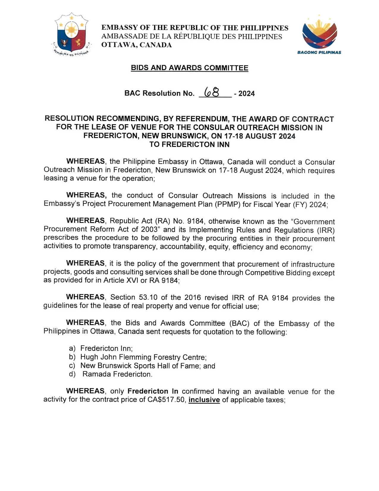 BAC RES 68 2024 Lease of Venue for the Consular Outreach Mission in Fredericton NB 17 18 August 2024 001