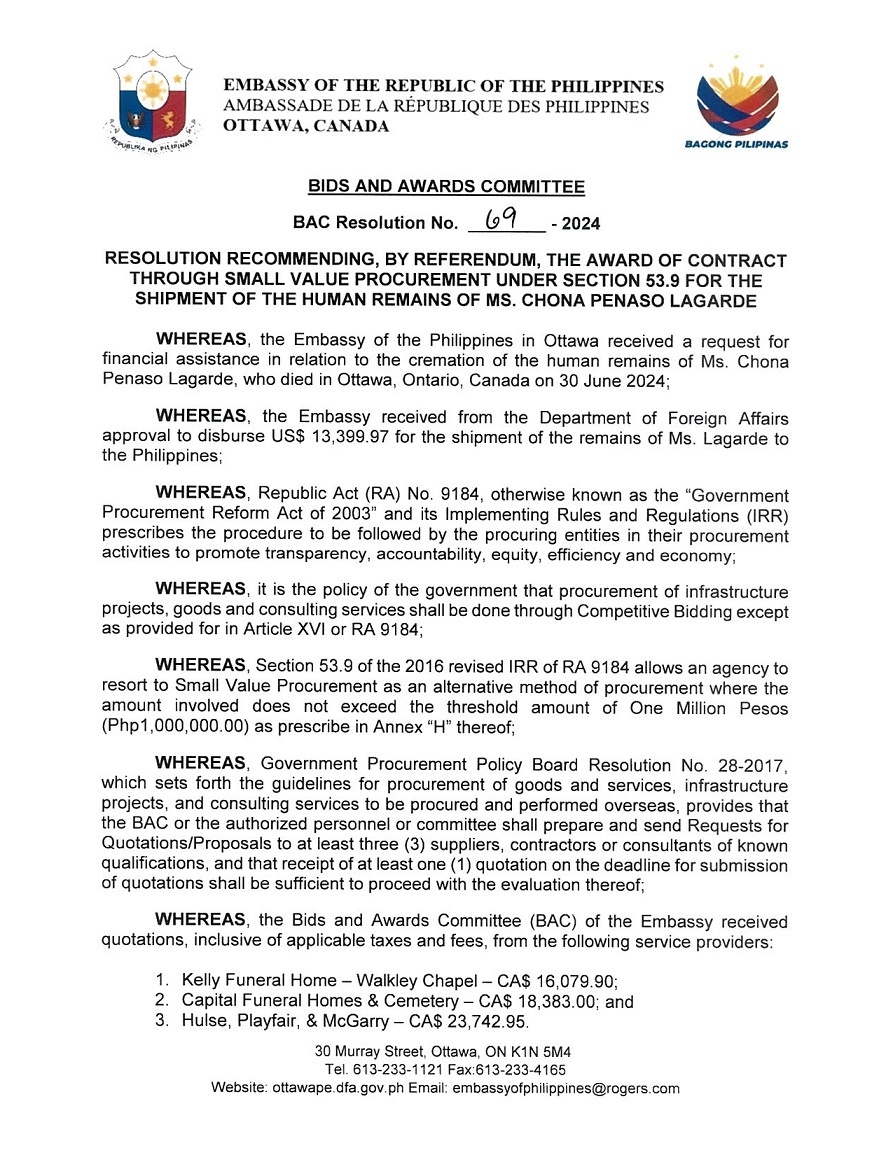 BAC RES 69 2024 Procurement for the Shipment of the Human Remains of Ms. Chona Penaso Lagarde 001