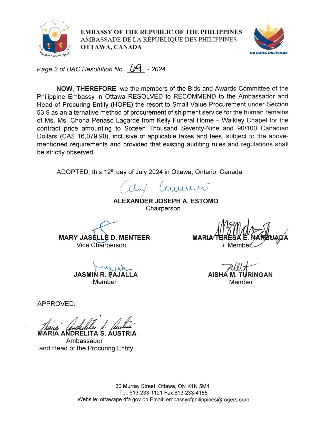 BAC RES 69 2024 Procurement for the Shipment of the Human Remains of Ms. Chona Penaso Lagarde 002