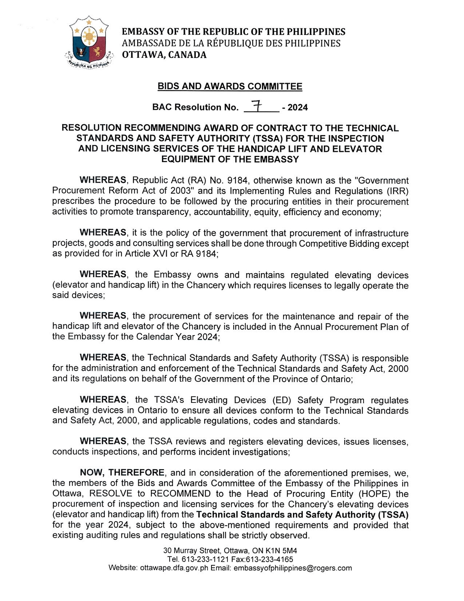 BAC RES 7 2024 Inspection and Licensing Services of the Handicap Lift and Elevator and Equipment of the Embassy 001