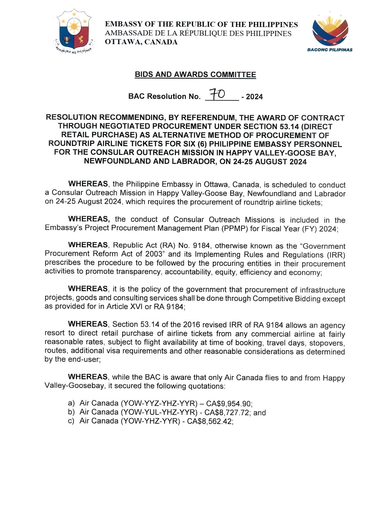 BAC RES 70 2024 Procurement of Roundtrip Airline Tickets for the Consular Outreach Mission in Happy Valley Goosebay 24 25 August 2024 001