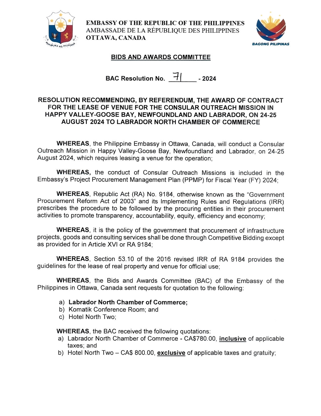 BAC RES 71 2024 Lease of Venue for the Consular Outreach Mission in Happy Valley Goose Bay NL 24 25 August 2024 001