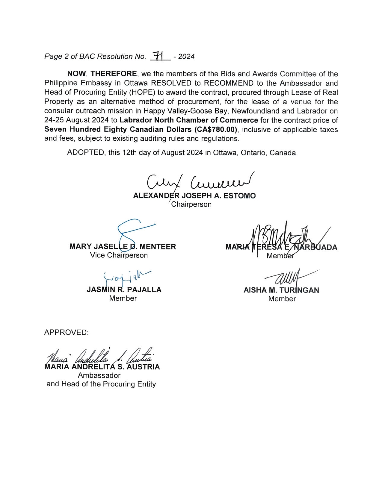 BAC RES 71 2024 Lease of Venue for the Consular Outreach Mission in Happy Valley Goose Bay NL 24 25 August 2024 002