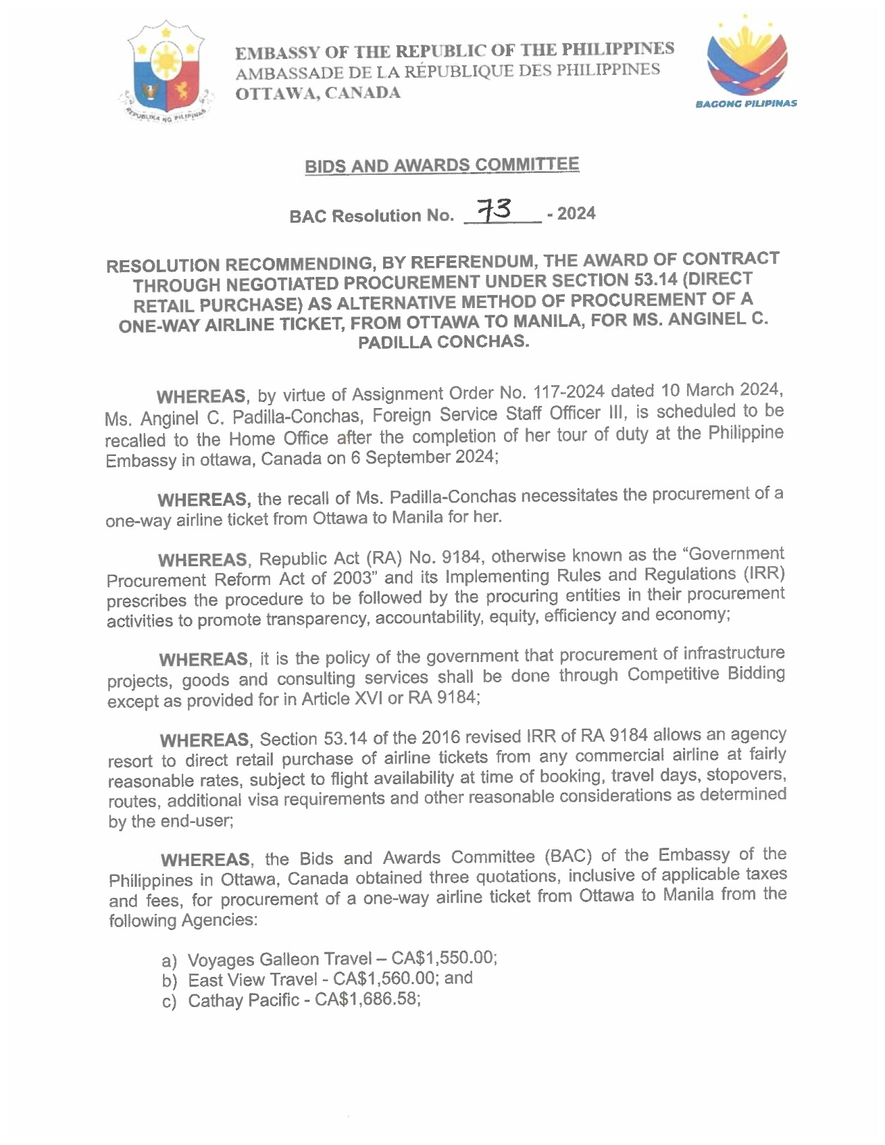 BAC RES 73 2024 Procurement of ONe Way Airline Tickets from Ottawa to Manila for Ms. Anginel C. Padilla Conchas 001