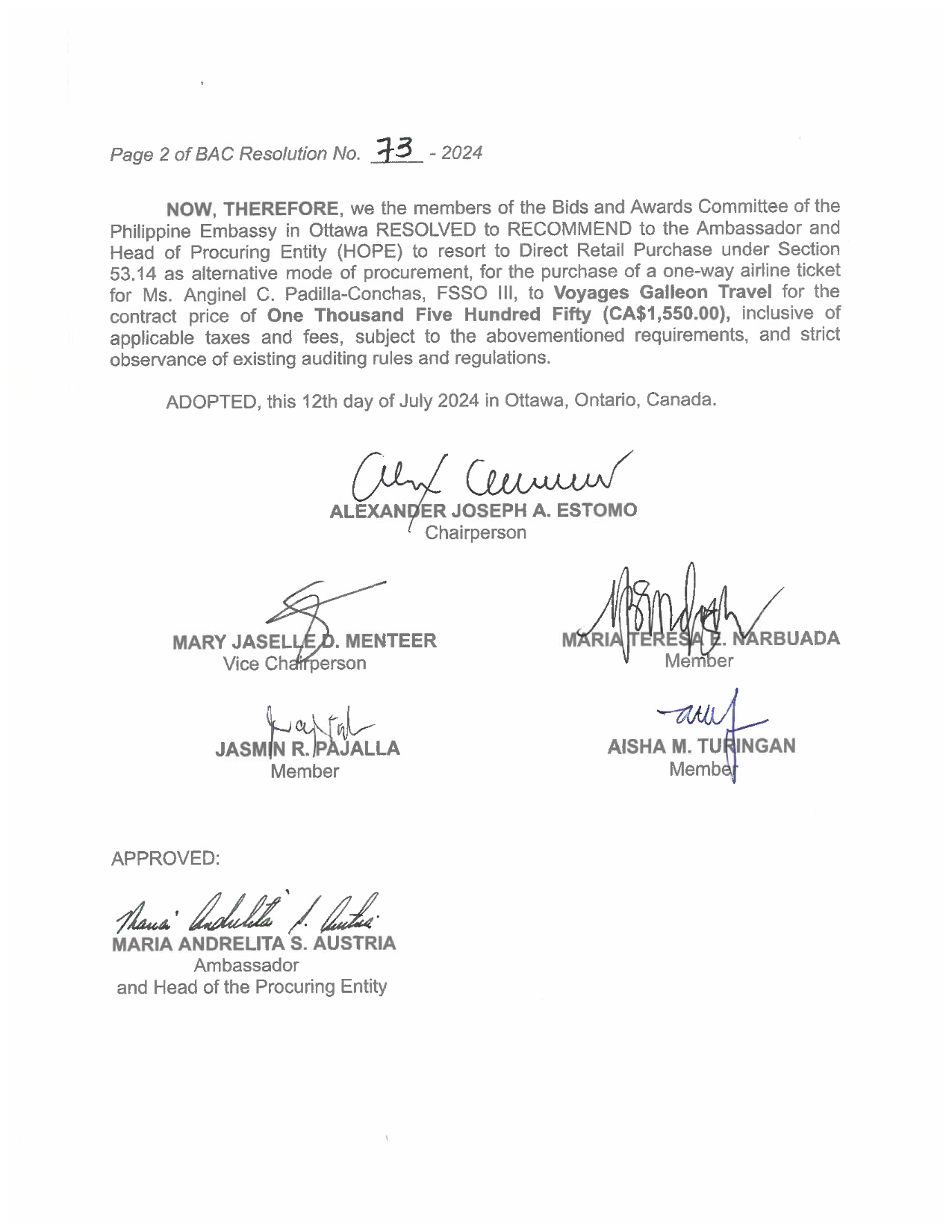 BAC RES 73 2024 Procurement of ONe Way Airline Tickets from Ottawa to Manila for Ms. Anginel C. Padilla Conchas 002