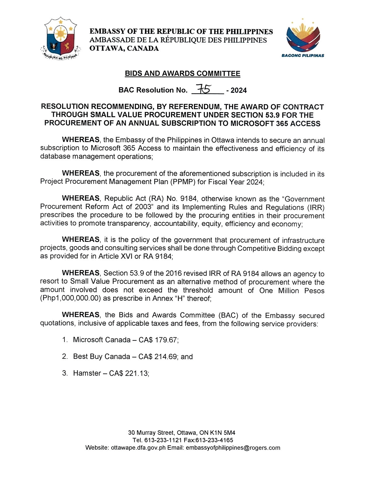 BAC RES 75 2024 Procurement of an Annual Subscription of Microsoft 365 Access 001