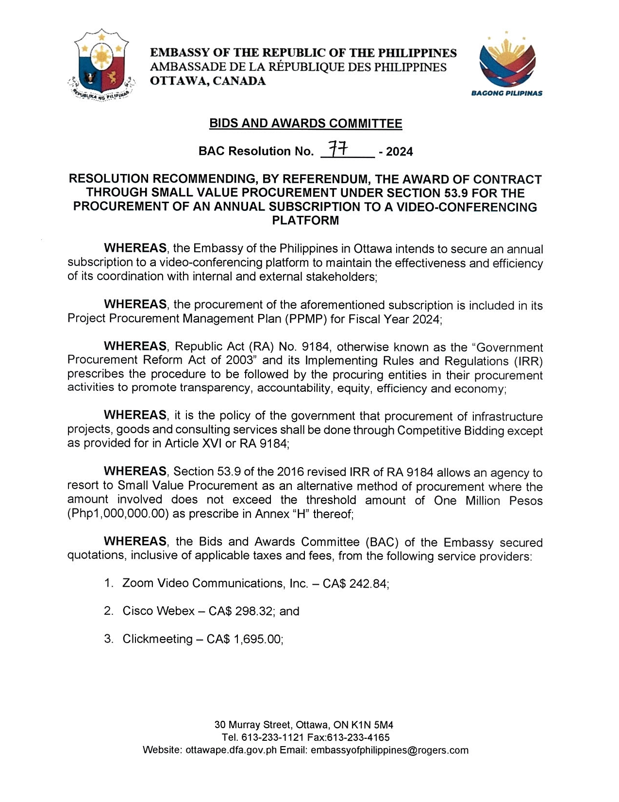 BAC RES 77 2024 Procurement of Annual Subscription to a Video Conferencing Platform 001