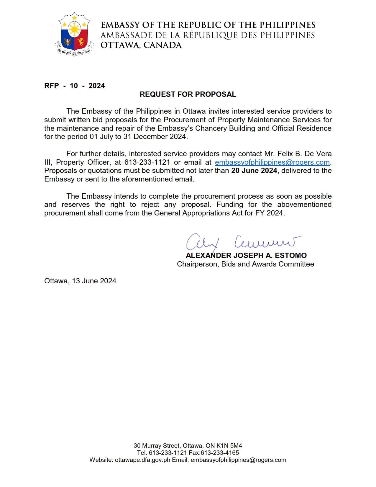 RFP 10 2024 Procurement of Property Maintenance Services for the Embassy Chancery Building and Official Residence 01 July to 31 Dec 2024 001